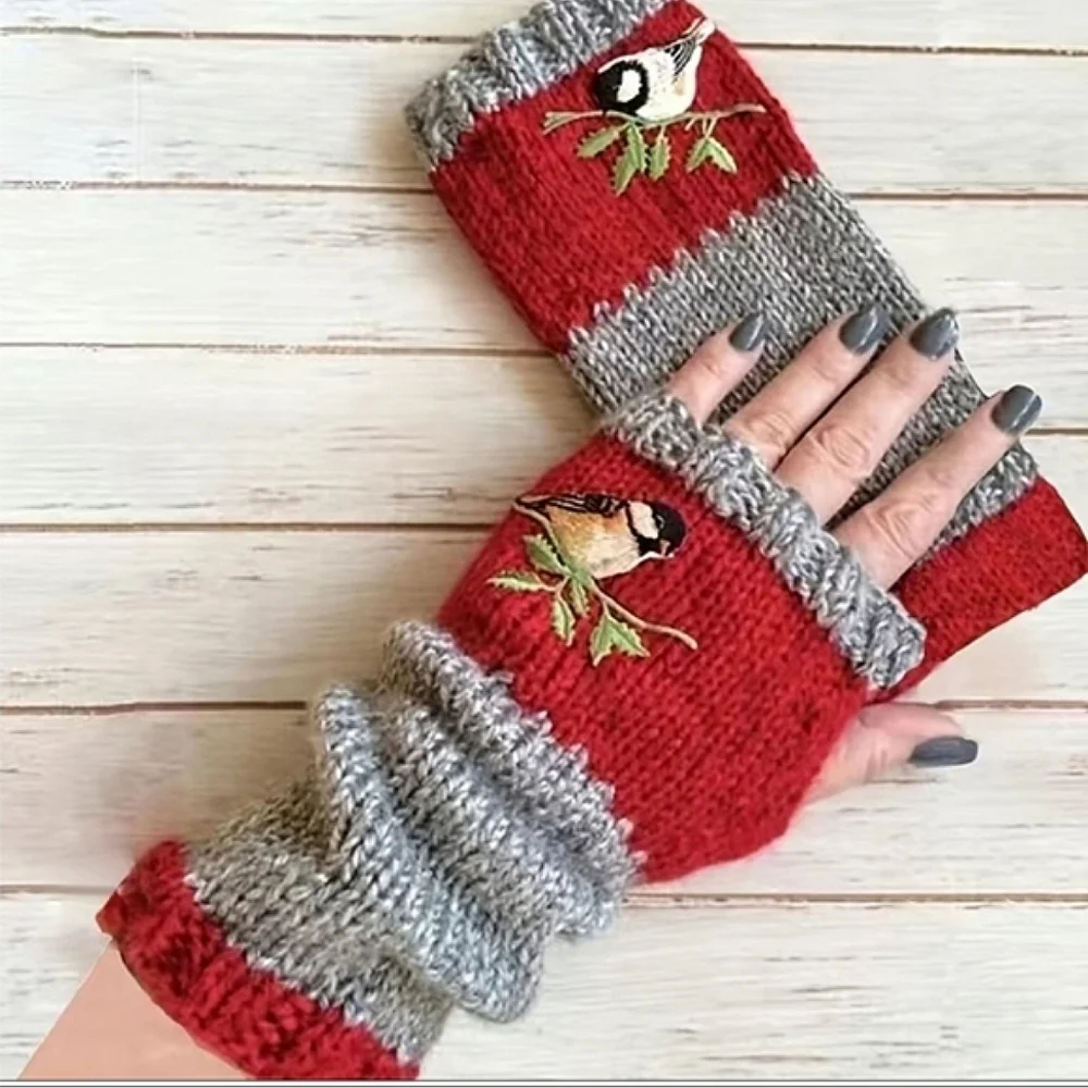 Fingerless Warm Gloves Thumb Holes Olive Green Gray Embroidered Birds Mittens